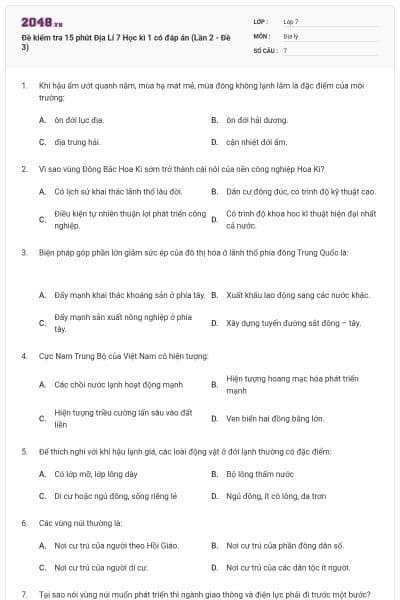 Đề kiểm tra 15 phút Địa Lí 7 Học kì 1 có đáp án (Lần 2 - Đề 3)