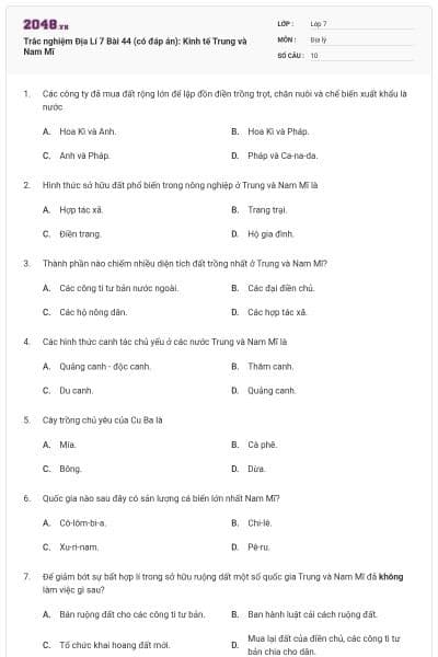 Trắc nghiệm Địa Lí 7 Bài 44 (có đáp án): Kinh tế Trung và Nam Mĩ