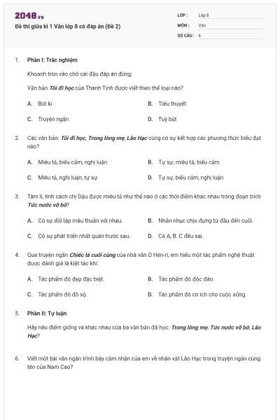 Đề thi giữa kì 1 Văn lớp 8 có đáp án (Đề 2)