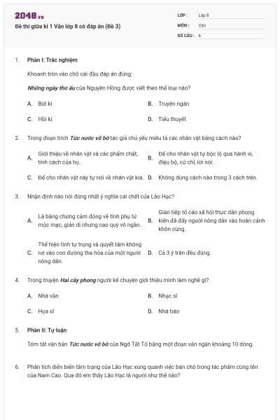 Đề thi giữa kì 1 Văn lớp 8 có đáp án (Đề 3)