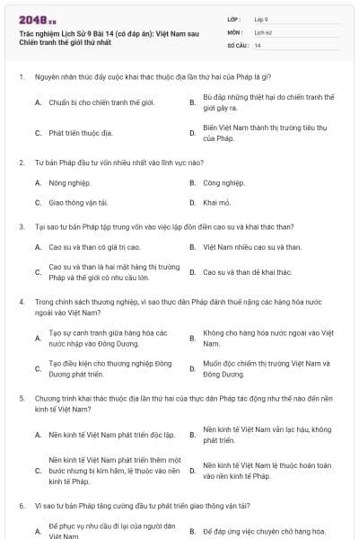 Trắc nghiệm Lịch Sử 9 Bài 14 (có đáp án): Việt Nam sau Chiến tranh thế giới thứ nhất