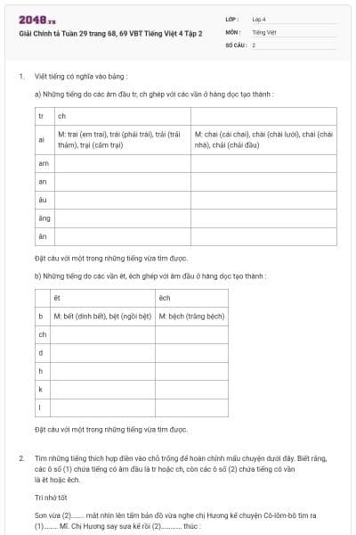 Giải Chính tả Tuần 29 trang 68, 69 VBT Tiếng Việt 4 Tập 2