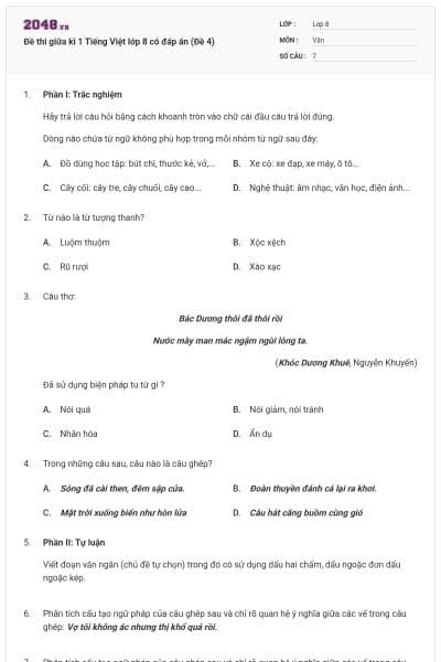 Đề thi giữa kì 1 Tiếng Việt lớp 8 có đáp án (Đề 4)