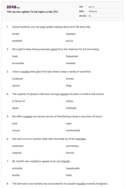 100 câu trắc nghiệm Từ trái nghĩa cơ bản (P1)