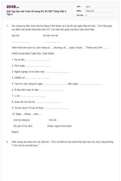 Giải Tập làm văn Tuần 30 trang 83, 84 VBT Tiếng Việt 4 Tập 2