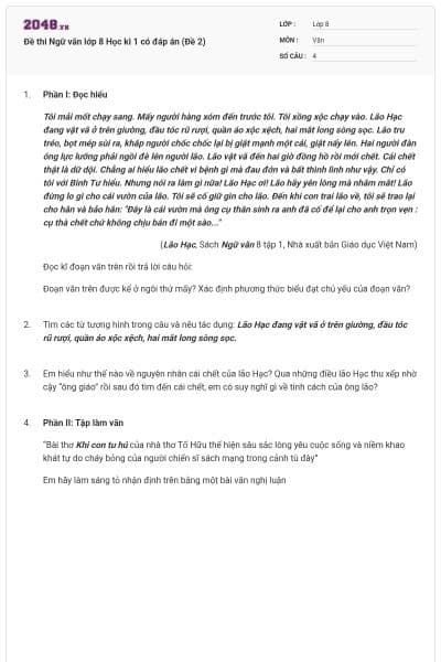 Đề thi Ngữ văn lớp 8 Học kì 1 có đáp án (Đề 2)