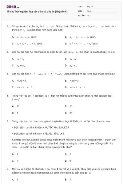 15 câu Trắc nghiệm Quy tắc đếm có đáp án (Nhận biết)