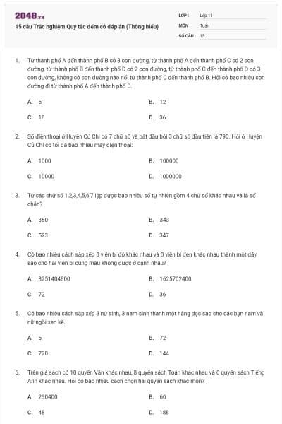 15 câu Trắc nghiệm Quy tắc đếm có đáp án (Thông hiểu)