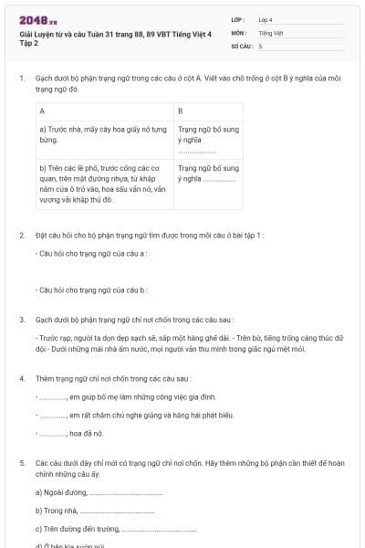 Giải Luyện từ và câu Tuần 31 trang 88, 89 VBT Tiếng Việt 4 Tập 2