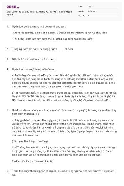 Giải Luyện từ và câu Tuần 32 trang 92, 93 VBT Tiếng Việt 4 Tập 2