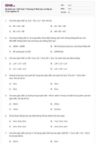 Đề kiểm tra 1 tiết Toán 7 Chương 3 Hình học có đáp án (Trắc nghiệm 3)
