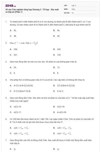 39 câu Trắc nghiệm tổng hợp Chương 2 : Tổ hợp - Xác suất có đáp án (Phần 1)