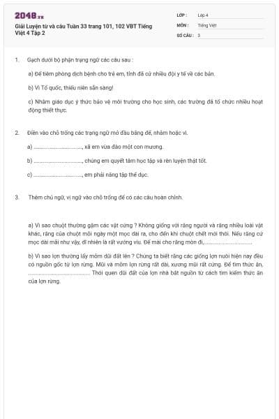 Giải Luyện từ và câu Tuần 33 trang 101, 102 VBT Tiếng Việt 4 Tập 2