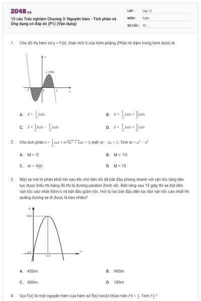 15 câu Trắc nghiệm Chương 3: Nguyên hàm - Tích phân và Ứng dụng có đáp án (P1) (Vận dụng)