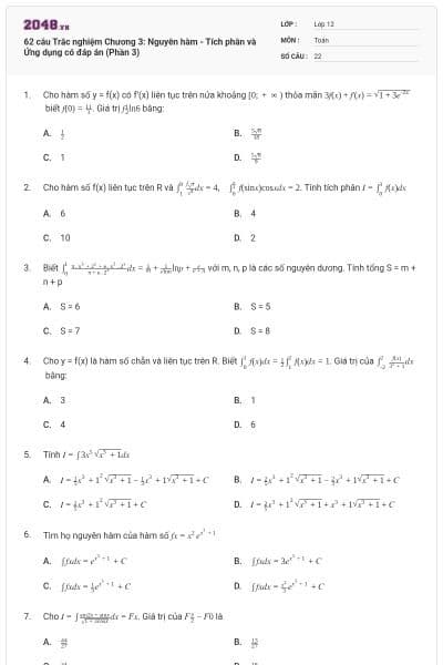 62 câu Trắc nghiệm Chương 3: Nguyên hàm - Tích phân và Ứng dụng có đáp án (Phần 3)