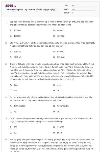 10 câu Trắc nghiệm Quy tắc đếm có đáp án (Vận dụng)