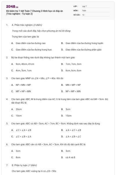 Đề kiểm tra 1 tiết Toán 7 Chương 3 Hình học có đáp án (Trắc nghiệm - Tự luận 2)