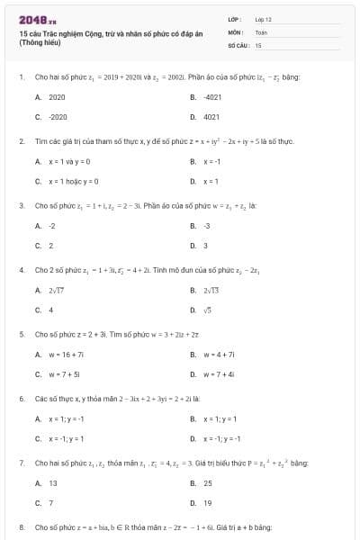 15 câu Trắc nghiệm Cộng, trừ và nhân số phức có đáp án (Thông hiểu)