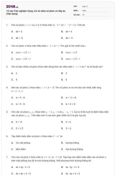 15 câu Trắc nghiệm Cộng, trừ và nhân số phức có đáp án (Vận dụng)