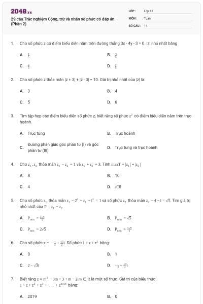 29 câu Trắc nghiệm Cộng, trừ và nhân số phức có đáp án (Phần 2)