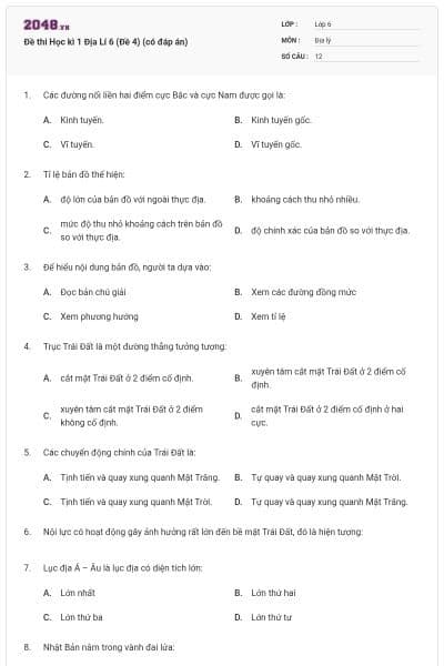 Đề thi Học kì 1 Địa Lí 6 (Đề 4) (có đáp án)