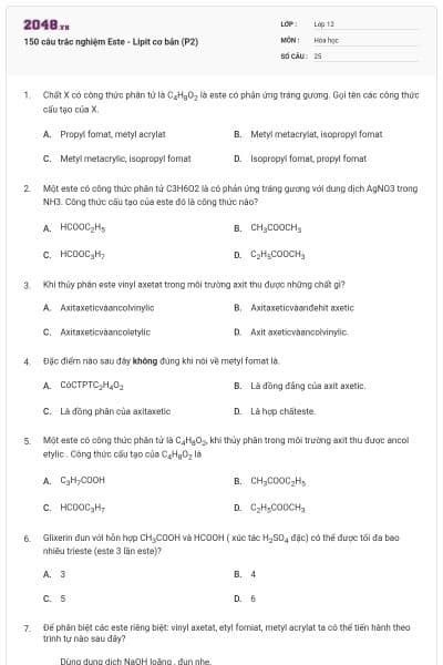 150 câu trắc nghiệm Este - Lipit cơ bản (P2)
