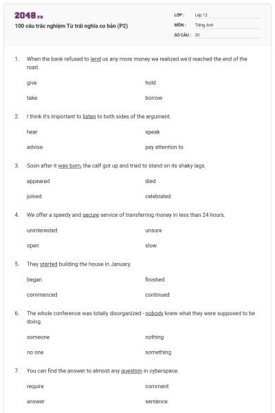 100 câu trắc nghiệm Từ trái nghĩa cơ bản (P2)