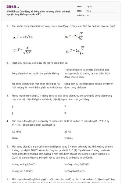 110 Bài tập Dao động và Sóng điện từ trong đề thi thử Đại học (trường không chuyên - P1)