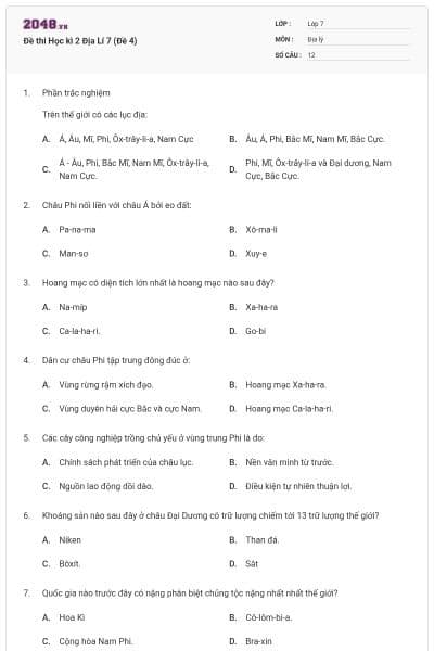 Đề thi Học kì 2 Địa Lí 7 (Đề 4)