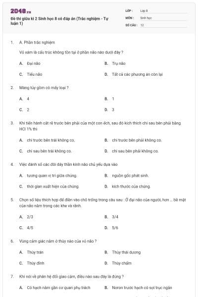 Đề thi giữa kì 2 Sinh học 8 có đáp án (Trắc nghiệm - Tự luận 1)