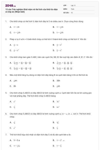 15 câu Trắc nghiệm Khái niệm về thể tích của khối đa diện có đáp án (Nhận biết)