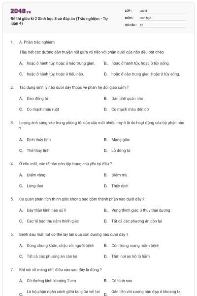 Đề thi giữa kì 2 Sinh học 8 có đáp án (Trắc nghiệm - Tự luận 4)