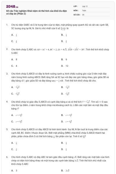 60 câu Trắc nghiệm Khái niệm về thể tích của khối đa diện có đáp án (Phần 2)