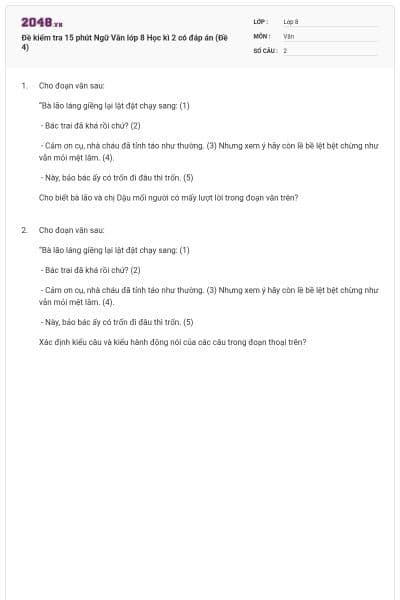 Đề kiểm tra 15 phút Ngữ Văn lớp 8 Học kì 2 có đáp án (Đề 4)