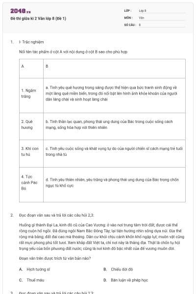 Đề thi giữa kì 2 Văn lớp 8 (Đề 1)