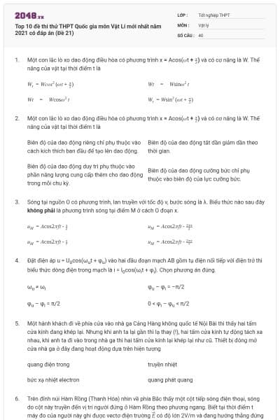 Top 10 đề thi thử THPT Quốc gia môn Vật Lí mới nhất năm 2021 có đáp án (Đề 21)