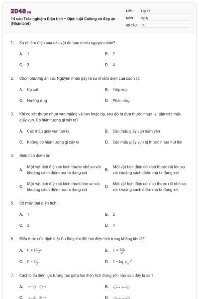 14 câu Trắc nghiệm Điện tích – Định luật Culông có đáp án (Nhận biết)