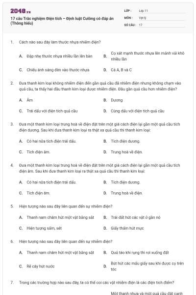 17 câu Trắc nghiệm Điện tích – Định luật Culông có đáp án (Thông hiểu)