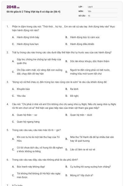 Đề thi giữa kì 2 Tiếng Việt lớp 8 có đáp án (Đề 4)