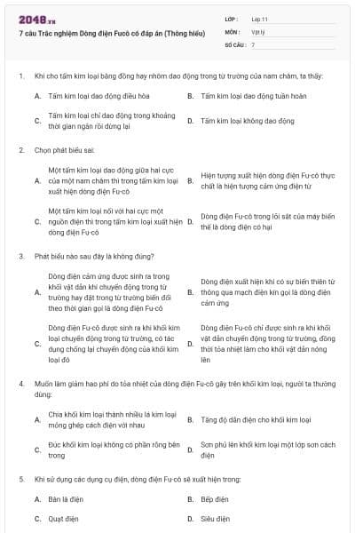 7 câu Trắc nghiệm Dòng điện Fucô có đáp án (Thông hiểu)