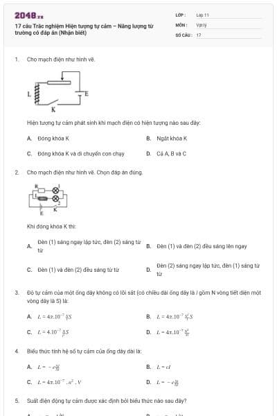 17 câu Trắc nghiệm Hiện tượng tự cảm – Năng lượng từ trường có đáp án (Nhận biết)
