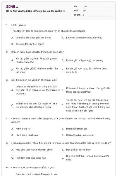 Đề thi Ngữ văn lớp 8 Học kì 2 chọn lọc, có đáp án (Đề 1)