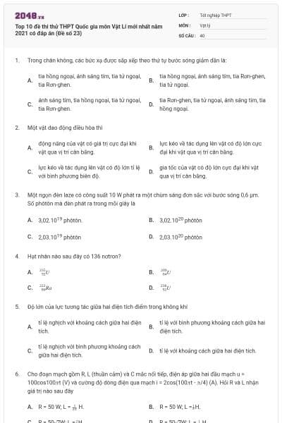 Top 10 đề thi thử THPT Quốc gia môn Vật Lí mới nhất năm 2021 có đáp án (Đề số 23)