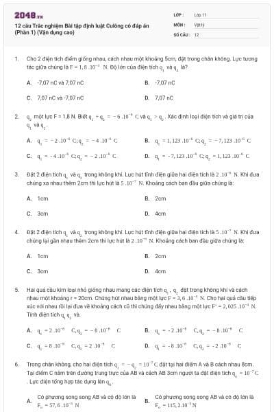 12 câu Trắc nghiệm Bài tập định luật Culông có đáp án (Phần 1) (Vận dụng cao)
