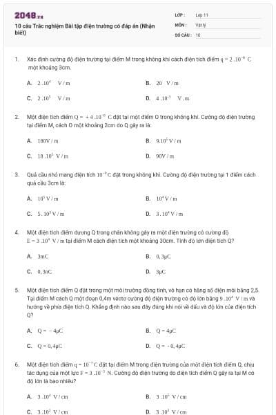 10 câu Trắc nghiệm Bài tập điện trường có đáp án (Nhận biết)