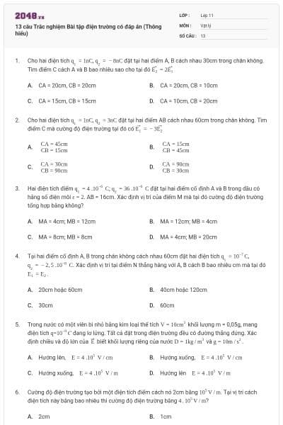 13 câu Trắc nghiệm Bài tập điện trường có đáp án (Thông hiểu)