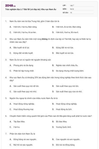 Trắc nghiệm Địa Lí 7 Bài 58 (có đáp án): Khu vực Nam Âu