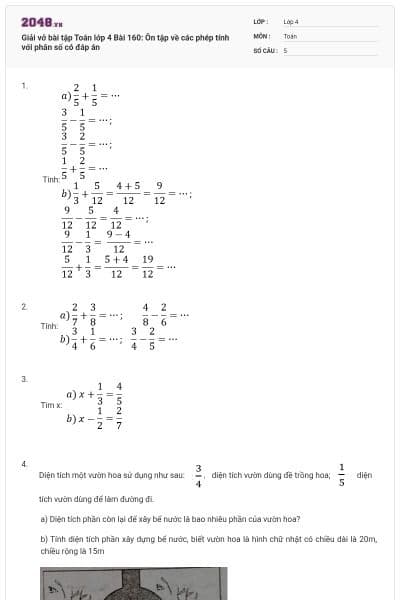 Giải vở bài tập Toán lớp 4 Bài 160: Ôn tập về các phép tính với phân số có đáp án