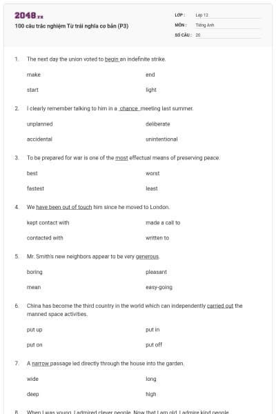 100 câu trắc nghiệm Từ trái nghĩa cơ bản (P3)