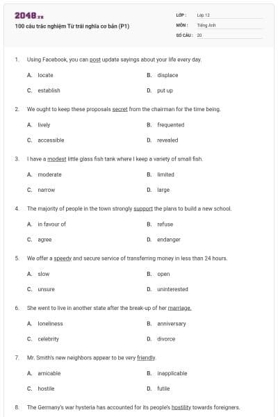 100 câu trắc nghiệm Từ trái nghĩa cơ bản (P1)